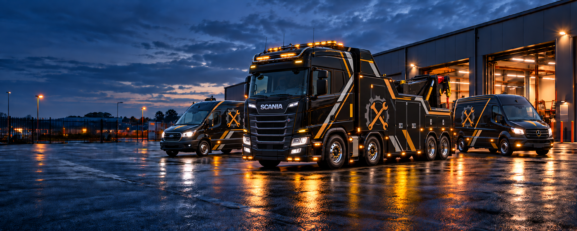 Black four-axle Scania heavy recovery wrecker and two service vans with restrained amber-gold Pro MechaniX fleet accents
